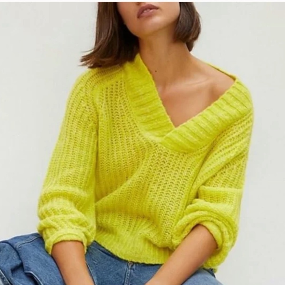 Anthropologie All About You Bright Neon Honore V-Neck Wool Blend Sweater